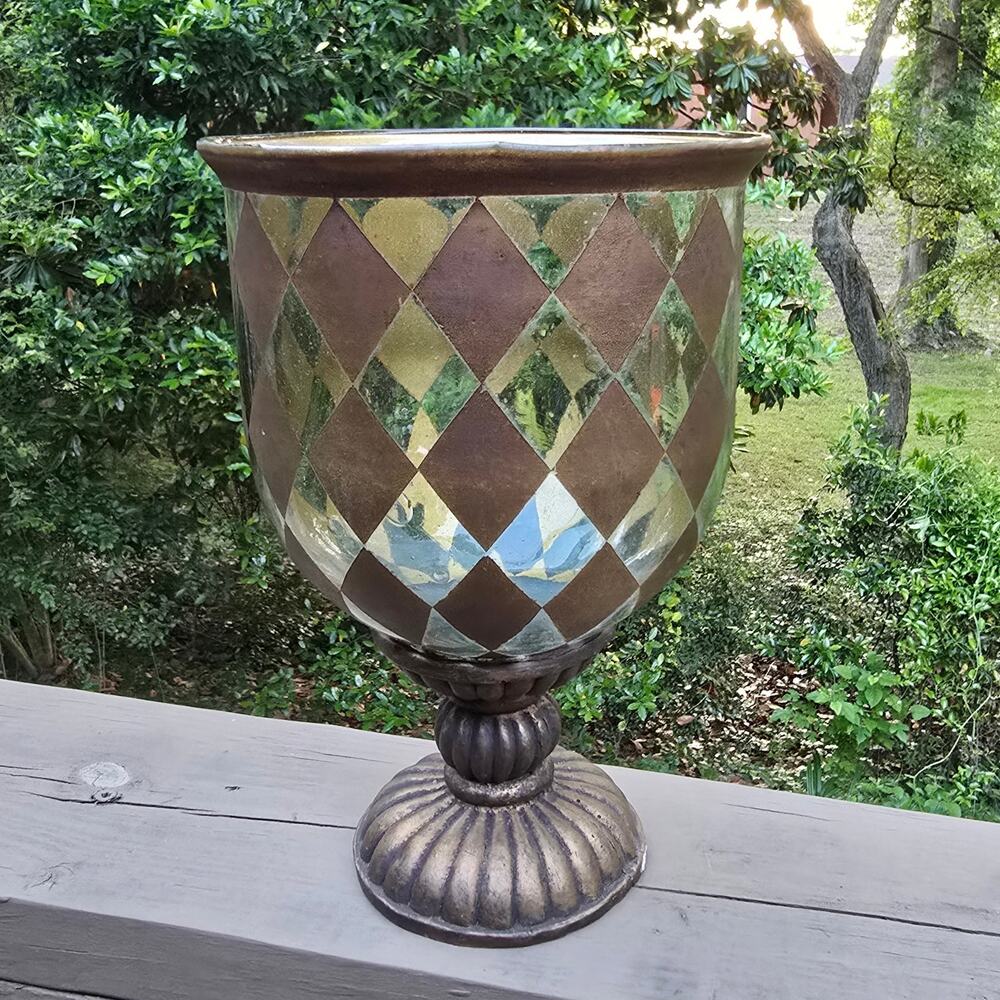Glass Footed Hurricane Vase Goblet Urn Painted Harlequin Diamond Bronze